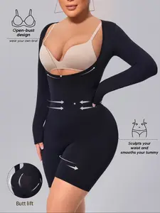 Women's Open-Bust Full Body Shaper with Sleeves, Tummy Control Smooth Waist Sculpting Bodysuit, Butt Lifting Compression Shapewear Shorts, Underwear