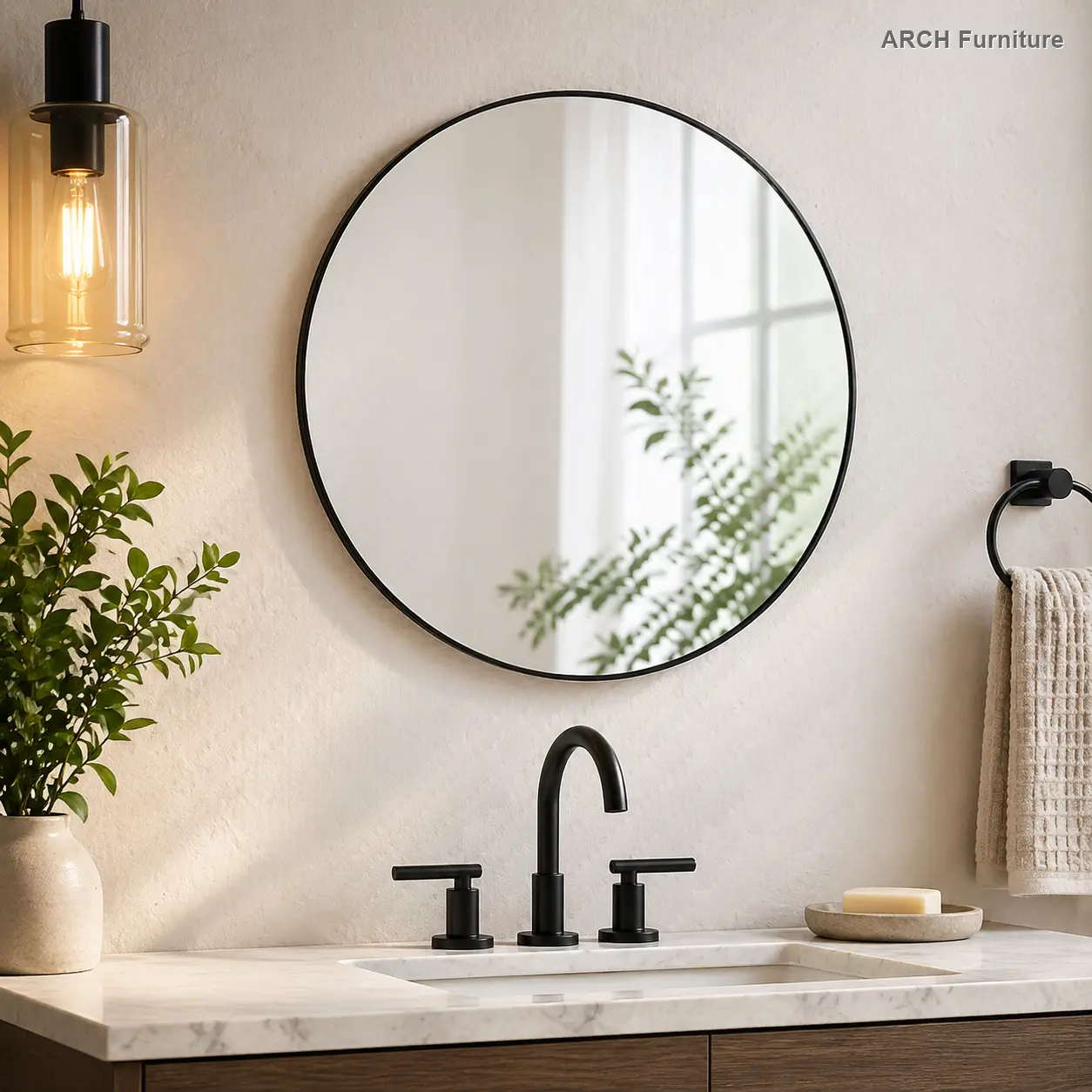 ARCH Black 16 Inch Round Metal Wall-Mounted Bathroom Vanity Mirror, Modern Circle Hanging Mirror for Bathroom, Powder Room, Bedroom, Living Room, Entryway, Matte Black Finish, 16" Diameter, Single Pack, Sleek Round Wall Mirror for Home Decor