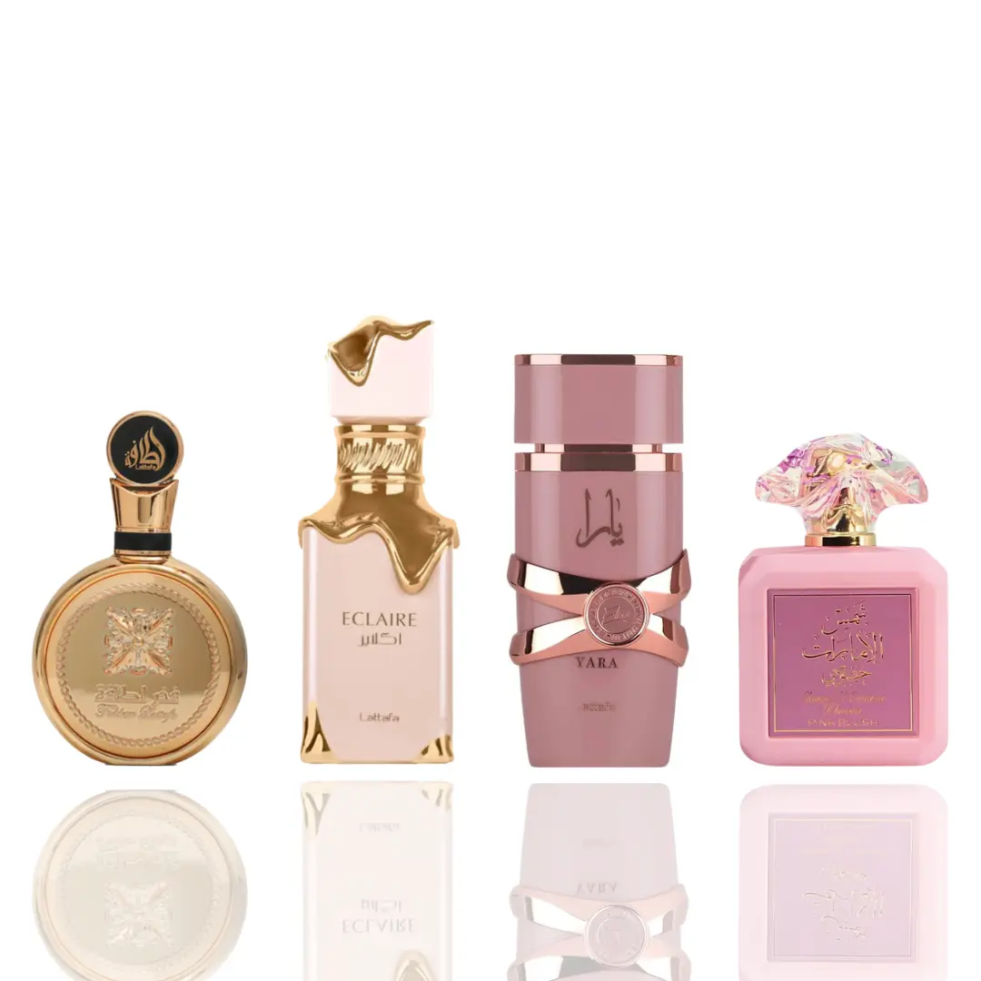 Lattafa Women's Fragrance Gift Bundle - 4-Piece Packaged Women's Fragrance Set: Fakhar Extrait, Eclaire, Yara Elixir, Shams Al Emarat Pink Blush (Highly Flammable)