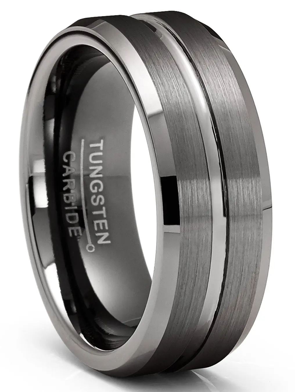 Men's Classy 8MM Gunmetal Tungsten Carbide Grooved Wedding Band - Durable, Polished, Comfort-Fit with Contoured Inner Surface