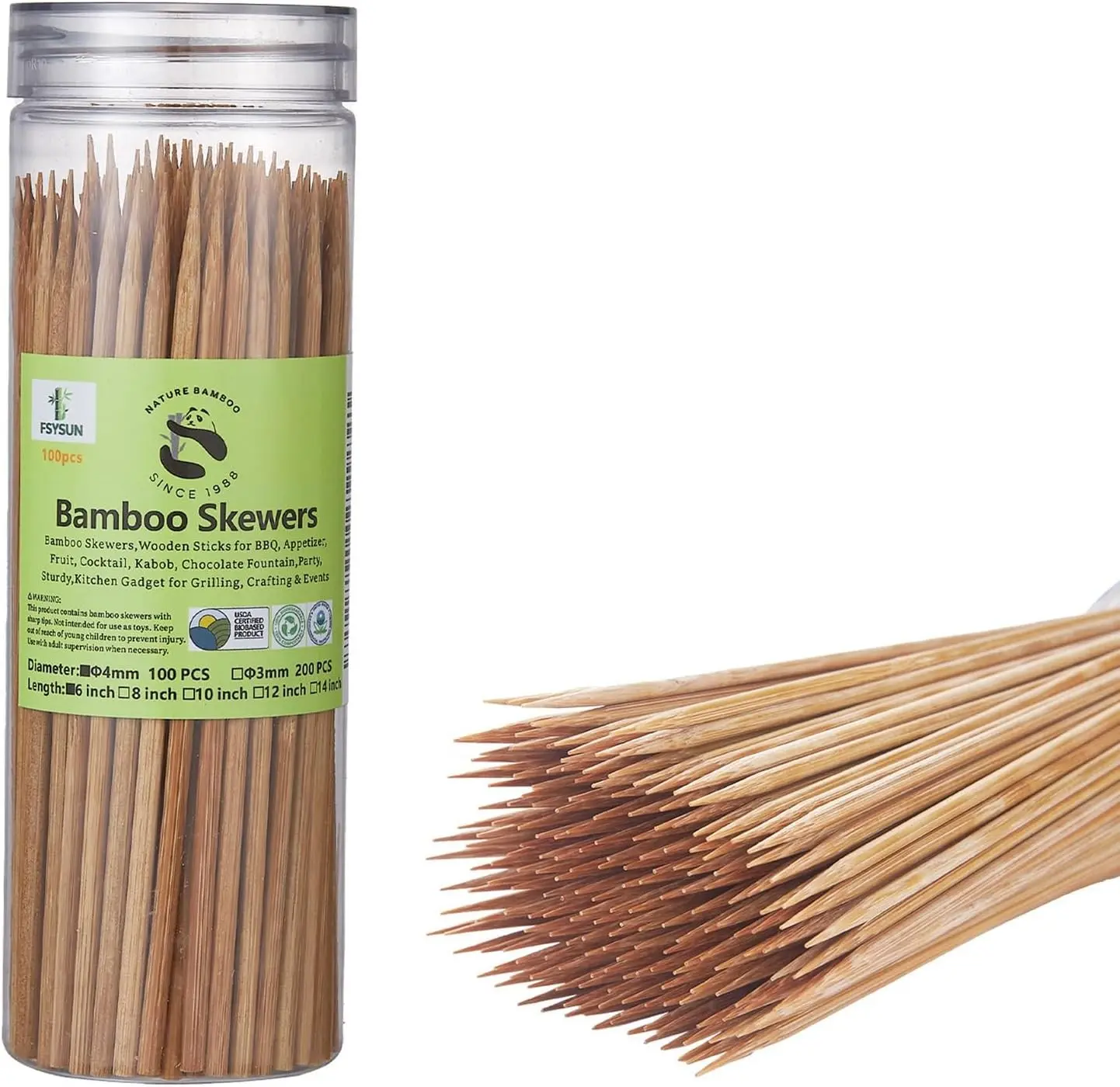 6" Bamboo Skewers Size Choices 8''/10"/12"/14" (4mm Thick), Unbleached Carbonized Heavy Duty Wooden Sticks for Grilling, Marshmallow & S'mores Roasting, BBQ Kabobs, Appetizers