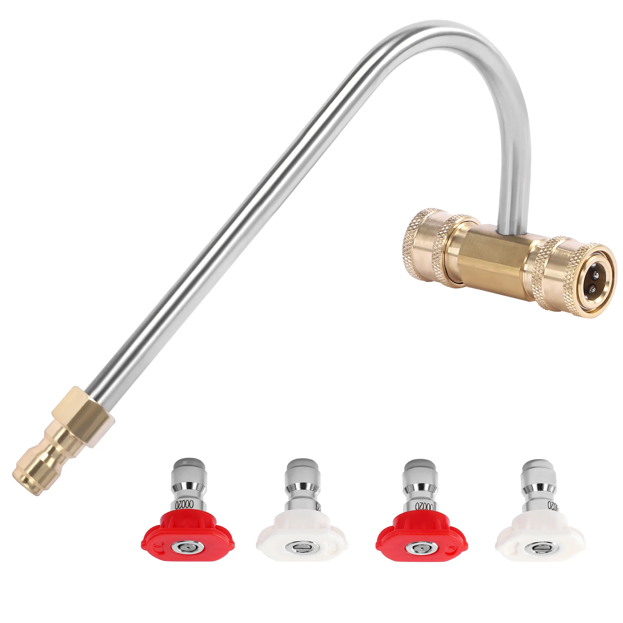 FIXFANS Pressure Washer Gutter Cleaner Attachment - Pressure Washer Accessories with 4000 PSI Max Jet, 1/4 in Quick Connect, 4 Nozzles, Stainless Steel & Brass Extension Wands, Outdoor Garden Cleaning Tool