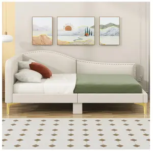 Upholstered Daybed with Armrest and Rivet Design for Bedroom, Beige