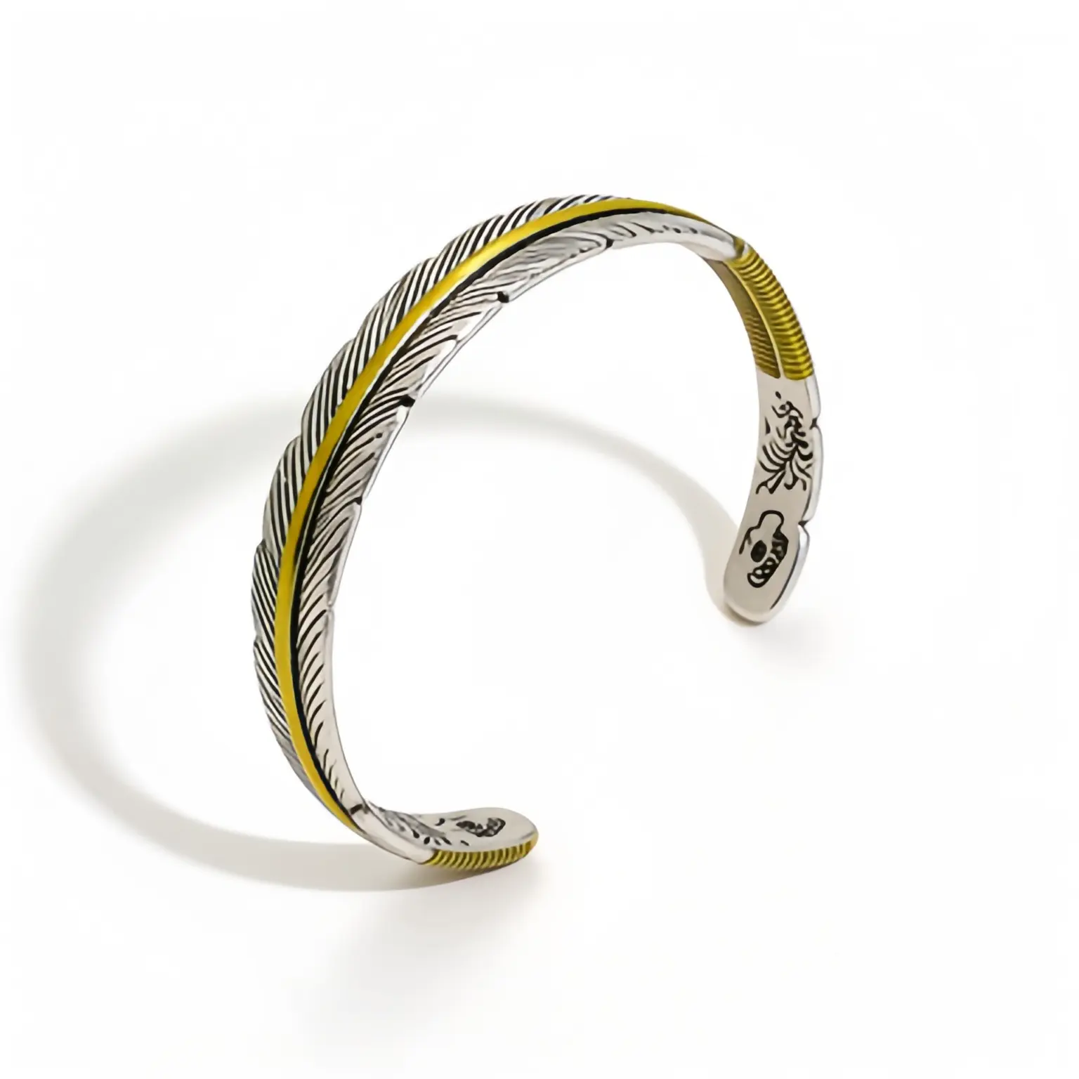 Vintage Retro Feather Open Cuff Bangle Bracelet For Men Two-Tone Antique Silver Gold Stainless Steel Adjustable Open Cuff Trendy Cool Gothic Stylish Unique Non Tarnish Jewelry Ideal Birthday Holiday Gifts Accessories For  Preserved Long-Lasting Rose Box