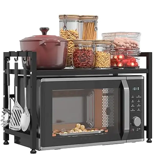 Microwave Oven Rack, Expandable Microwave Stand, Countertop Kitchen Utensils and Tableware Storage Shelf, Carbon Steel Over-Microwave Countertop Shelf.