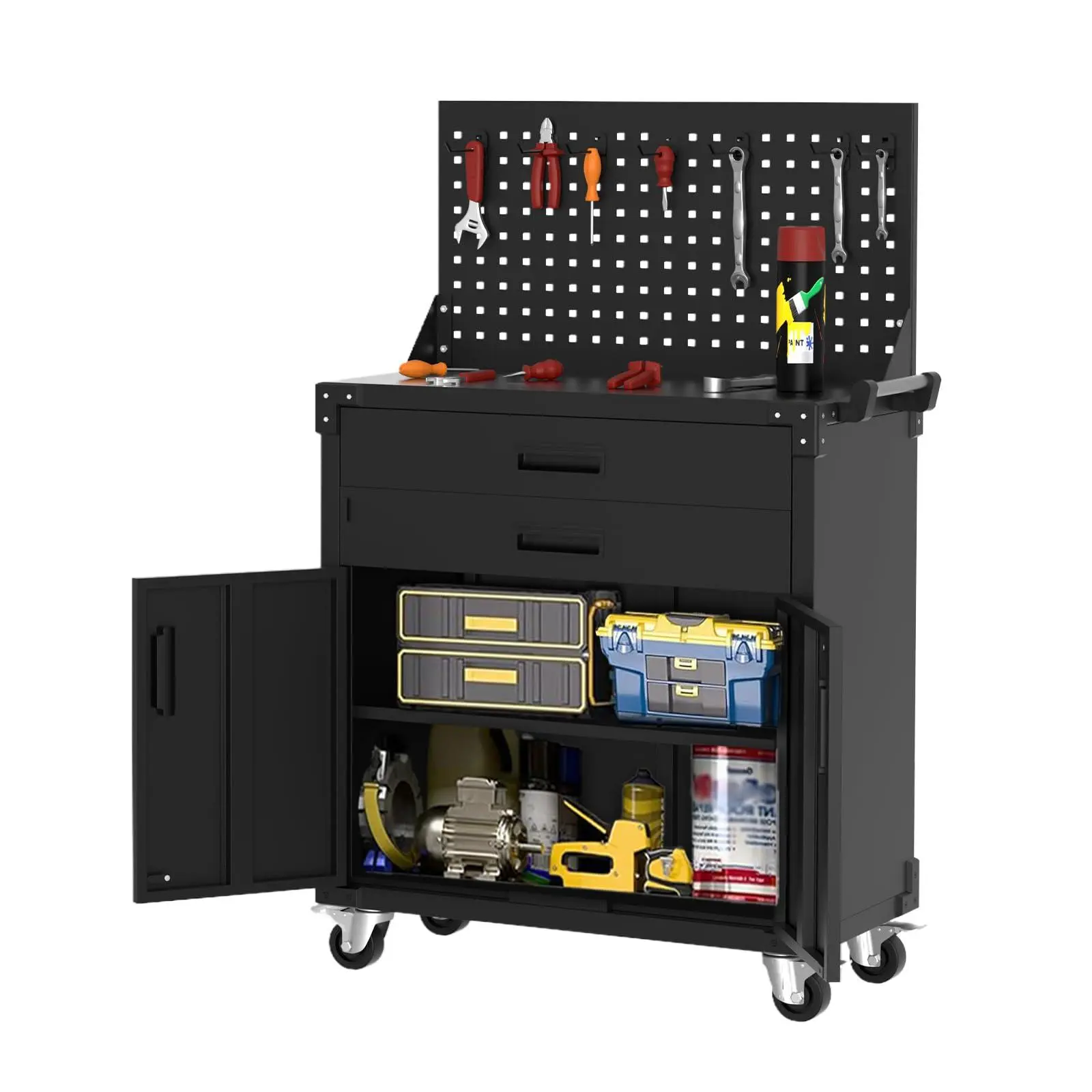 Gaomon 35" Mobile Coated Steel Tool Chest Cabinet - Garage Ample Storage, 2 Drawers + Adjustable Shelf, Pegboard Top, Heavy-Duty 0.6MM Metal Rolling Base for Smooth Mobility, Workshop Workbench, 35" Height