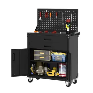 Tool Chest Cabinet Mobile Garage Workbench - 35" High with 2 Drawers, Pegboard, Heavy Duty Metal Rolling Design, Adjustable Shelf, and Durable 0.6MM Coated Steel.