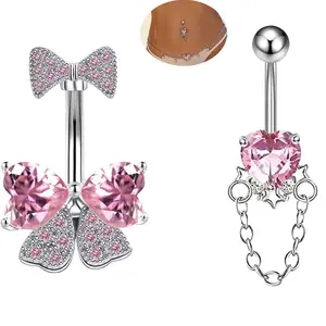 2pcs 14G Titanium Belly Button Rings,Shiny CZ Sweet Cool Body Jewellery Belly Piercing with Butterfly Chain Design,F136 Materials Floating Navel Belly Piercing Set