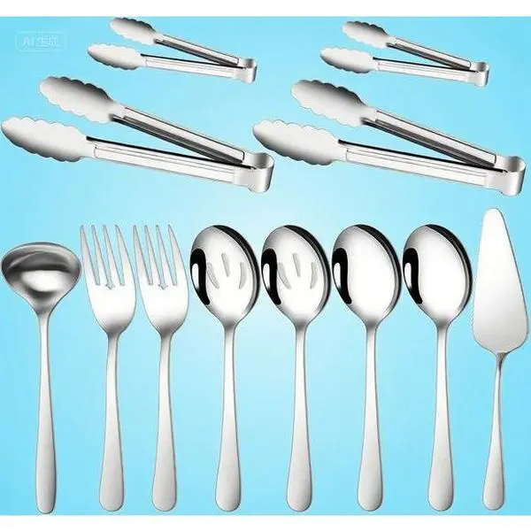 12-Piece Large Stainless Steel Serving Cutlery Set - Sturdy, Rust-Resistant, Dishwasher-Safe Tableware Utensils for Buffet, Catering, Includes Spoons, Forks, Tongs, Ladle, Cake Server