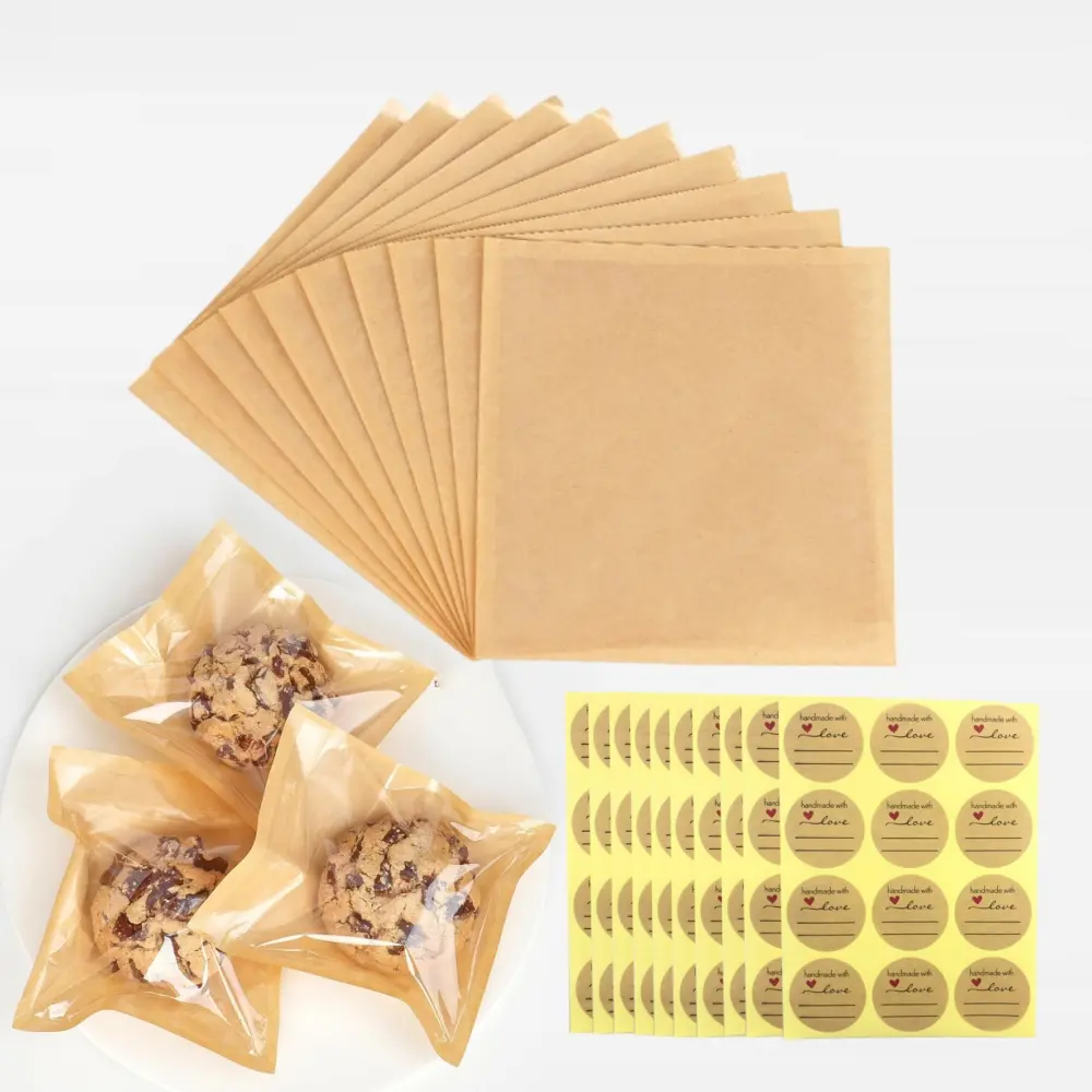 100Pcs Brown Cookie Packaging Bags with Seal, 7.1 x 7.5 Inch Bakery Pastry Bags with Window, Heat Sealable Grease Resistant Paper to Go Bake Sleeves for Gift Giving Donut Bread Sandwich