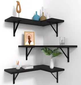 Corner Floating Shelves Set of 3, Corner Shelves Wall Mounted, for Bedroom Kitchen Living Room Bathroom Office- Gothic Style (Black)