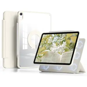 Clear Case for iPad mini 6/7 、iPad 10th/11th Gen、Air 4/5/6/7、Air 13 pro 12.9、Pro11 inch , Three-fold tablet stand Detachable Magnetic Rotating Transparent Hard PC Back,Vertical Stand (Cream White)