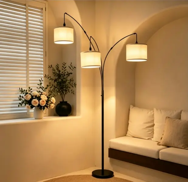 Hoodink Dimmable Floor Lamp - 3 Lights Arc Floor Lamps for Living Room, 1000LM Modern Tall Standing Lamp With Beige Shades & Heavy Base, Mid Century Tree Floor Lamp for Bedroom Office, 3 LED Bulbs Included