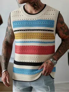 Men's Colorful Striped Knitted Vest, Hollow Out Sleeveless T-Shirt, American Vintage Casual Cardigan Sweater, Fashionable and Comfortable, Casual Sleeveless Knitwear