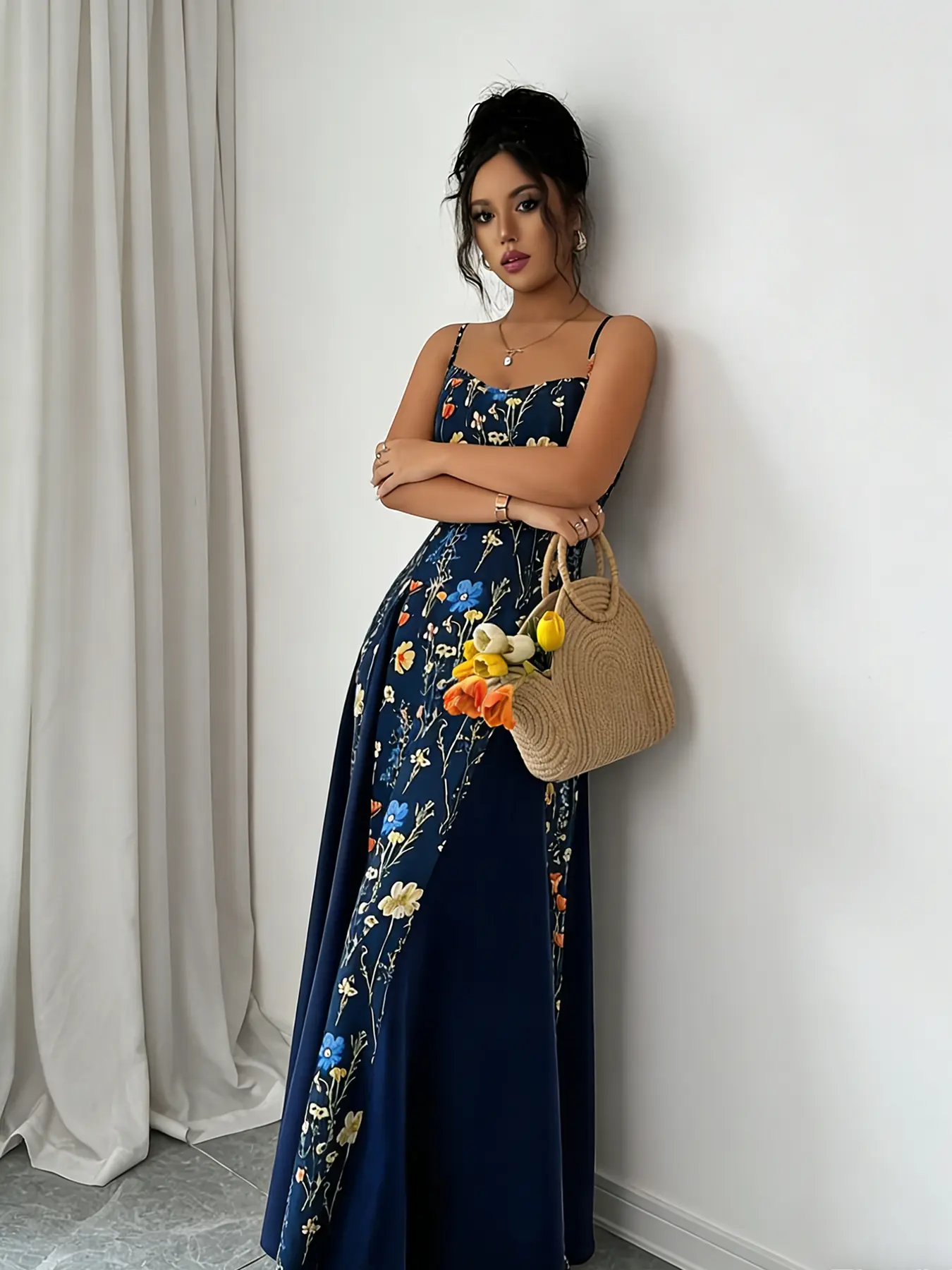 A fashionable women's navy blue floral print camisole sleeveless Spaghetti Strap dress with delicate floral print. The camisole design is off the shoulder and suitable for commuting to work, shopping, and outdoor wear Casual