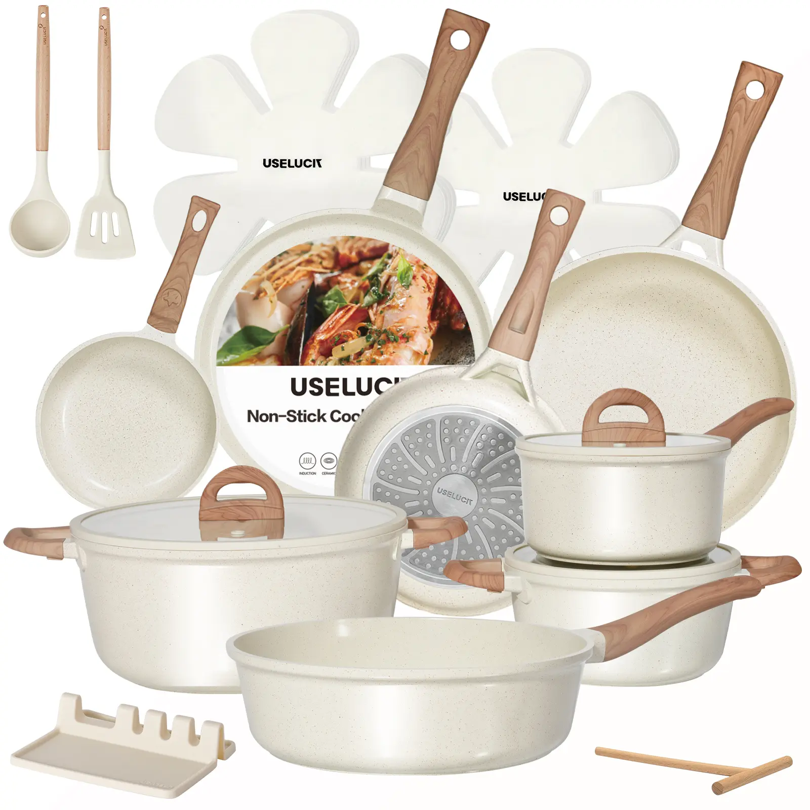 USELUCK 22-Pcs Cream Titanium Nonstick Aluminium Cookware Set, Induction & Gas Compatible, Ultra-Durable Coating, Heat-Resistant Wood Handle, All Stove Suitable, Cookware Sets, Nonstick Pots, With Handle