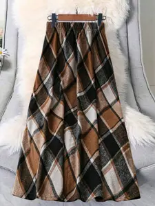 A women's brown checkered plaid stretch waist A-line midi skirt, perfect for fall/winter, slimming and versatile Fit