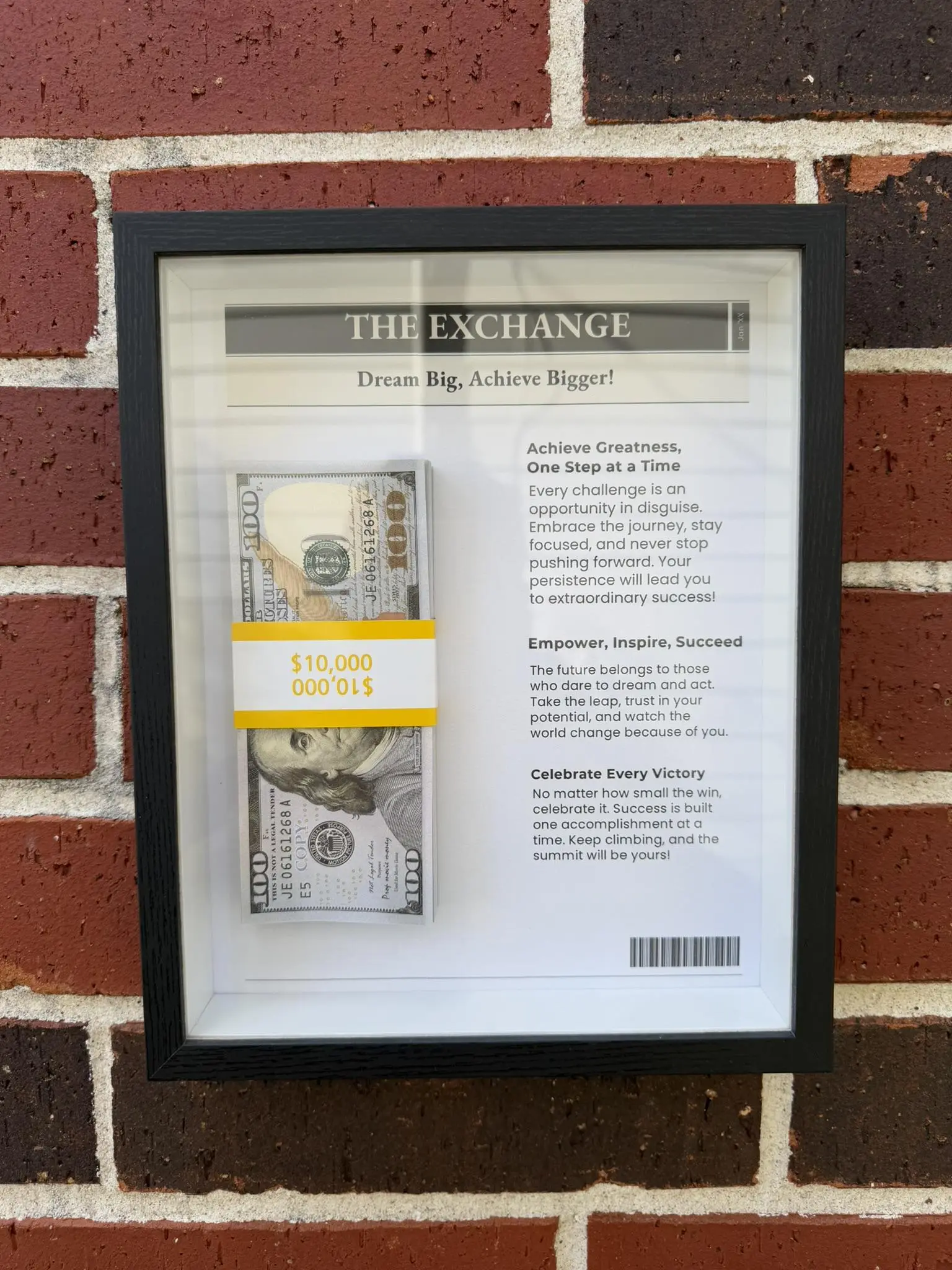 3D Shadow Box Frame - Modern Wood Graphic Wall Decor with "Dream Big Achieve Bigger" Print, 3D Cash Newspaper Prop Accent, Approx. 8x10" Desk/Entrepreneur Office Gift for Dreamers