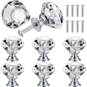 8 Pcs 30mm Silver Diamond Shape Decorative Crystal Glass Cabinet Knobs Pull Handles for Dresser Drawers Cupboard Wardrobe Kitchen Bathroom Bedroom Furniture