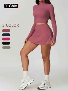 Women's Casual Sportswear Set, Workout Sets, Athletic Fashion Activewear, Slim Fit Long Sleeve Top and High Waist Short Skirt, Soft Breathable Fabric for Outdoor Indoor Sports