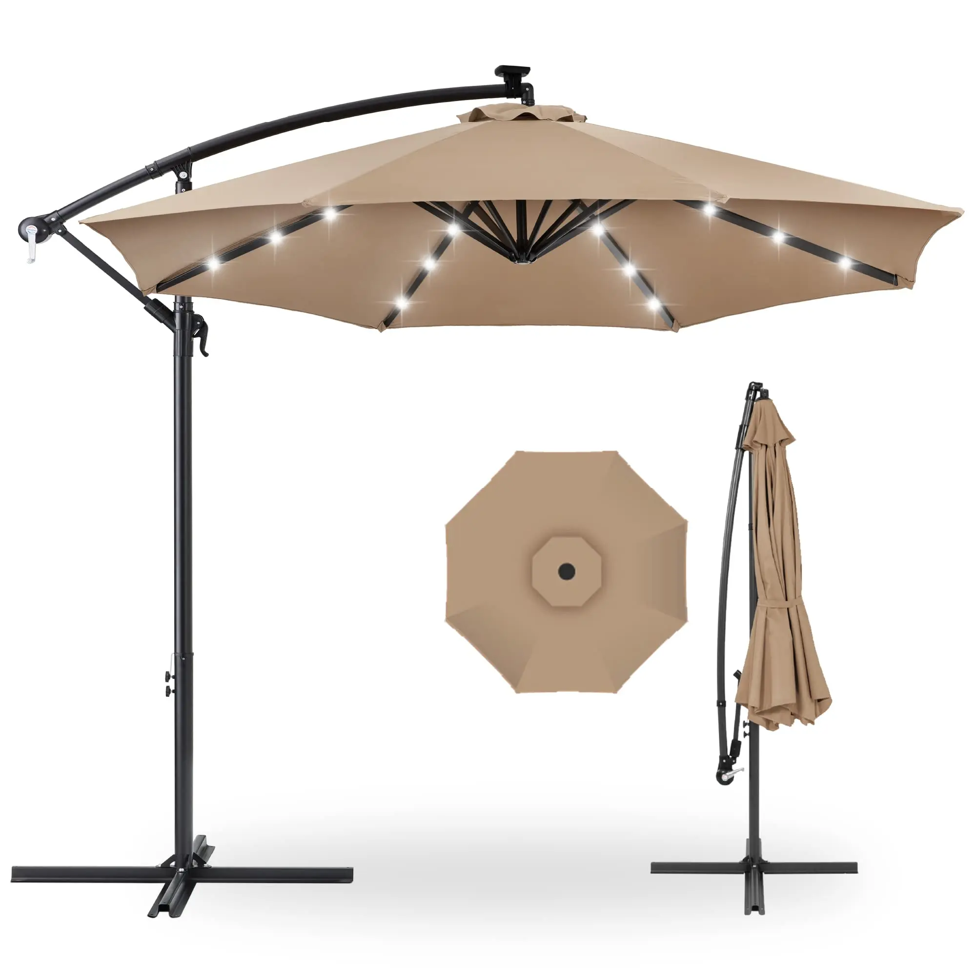Garvee 10ft Solar LED Offset Cantilever Hanging Market Patio Umbrella, 8 Sturdy Ribs, Easy Adjustment - Tan