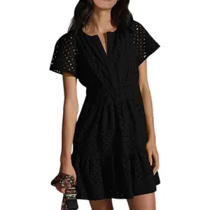 UTCoco Women's 2026 Minimalist Short-Sleeve Breathable Lace Eyelet Boho Dress - Casual V-Neck Elastic Ruched Waist Tiered Skirt Sexy Mini Sundress for Casual Wear
