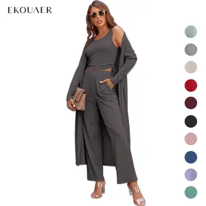 EKOUAER Women's 3 Piece Knit Lounge Set Long Sleeve Cardigan Sleeveless Top Pants Sweatsuit S-XXL