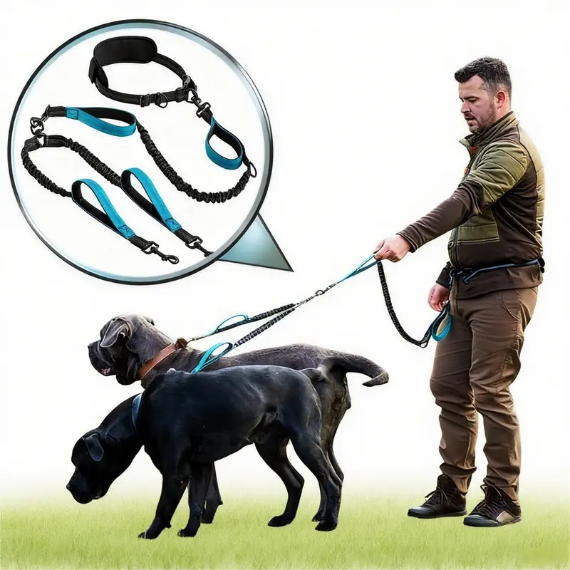 Dual Bungee Dog Leash for Medium & Large Breeds - Twist-Free Swivel, Nylon, 4 Non-Slip Foam Grips, Reflective Stitches, Shock-Absorb No-Pull, Detachable Hands-Free Accessory for Outdoor Walking & Jogging (Bungee Leashes, Leads & Harnesses Companion)
