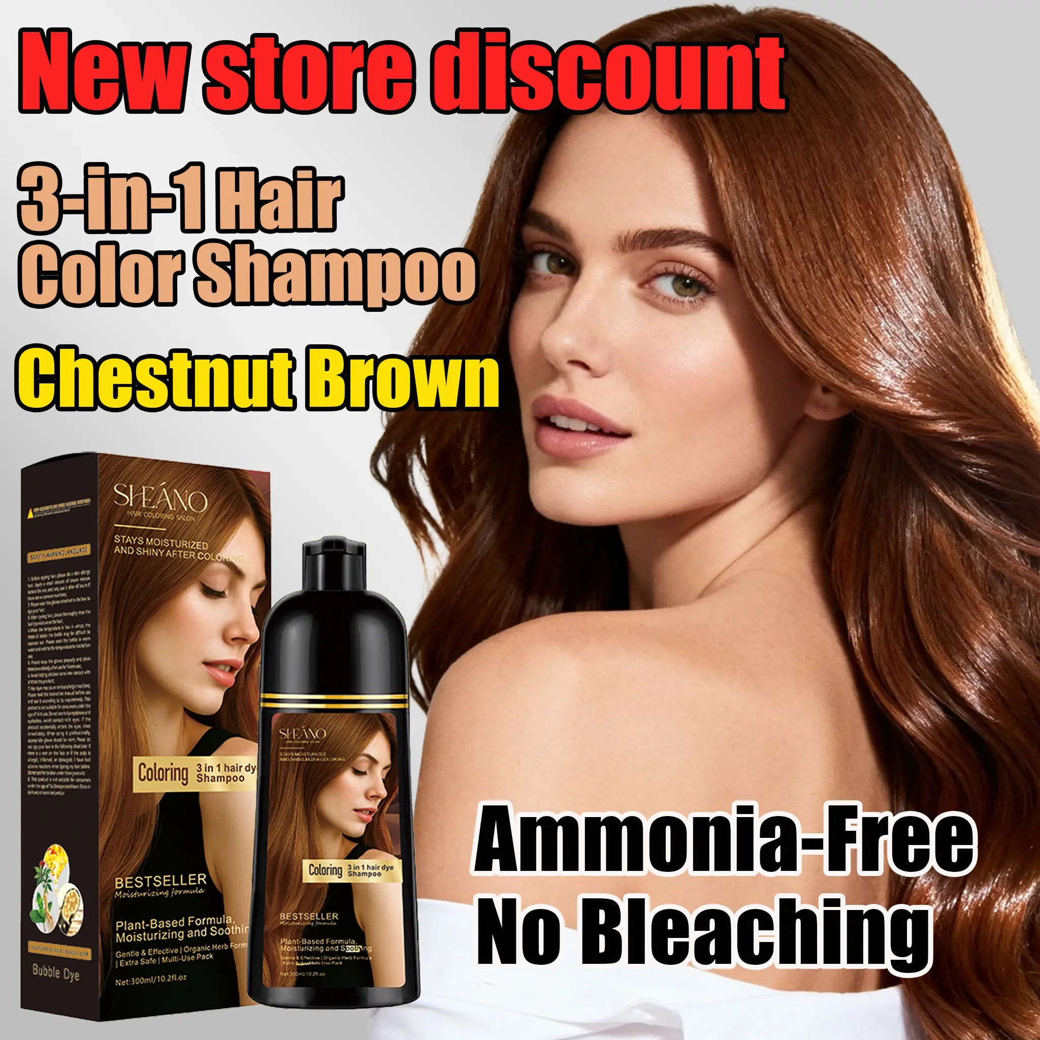 Chestnut Brown Herbal 3-in-1 Ginseng Hair Dye Shampoo-Conditioner, All-Haircare Solution, Covers Grays in Minutes, Ideal Gift for Natural Beauty Enthusiasts
