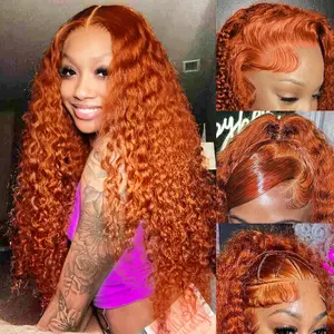 30 Inch 13x6 Orange Ginger Wig Human Hair 13x6 HD Deep Wave Lace Front Wigs 180% Density Pre Plucked With Baby Hair Glueless Deep Curly Frontal Wig 350 Color