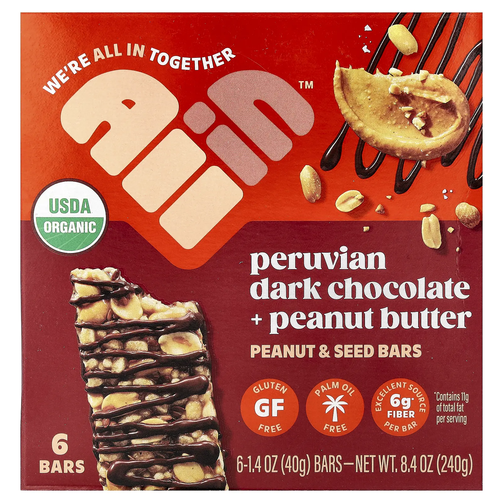 All In Peanut & Seed Bars, Peruvian Dark Chocolate + Peanut Butter, 6 Bars, 1.4 oz (40 g ) Each