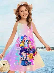 Girls' K-Pop Summer Strapless Dress, Street Graffiti Cartoon Print Sleeveless Skirt, Casual Vacation Breathable Comfort 3D Creative Print