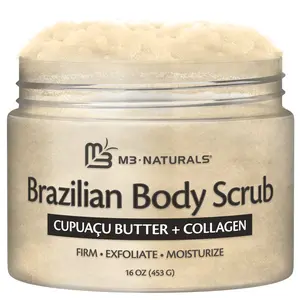 M3 Naturals Brazilian Body Scrub with Cupuaçu Butter & Collagen 16 oz Gentle Exfoliator for Firming Moisturizing Skin Care