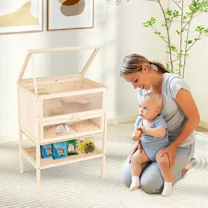 COSTWAY - 31.5 Inches Freestanding Hamster Cage Wooden Hamster Habitat Playpen-Natural