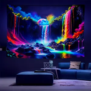 Rainbow Waterfall Tapestry Wall Mural for Cyberpunk Room Decor, Stylish Gaming Atmosphere Background, Trendy Home Decoration
