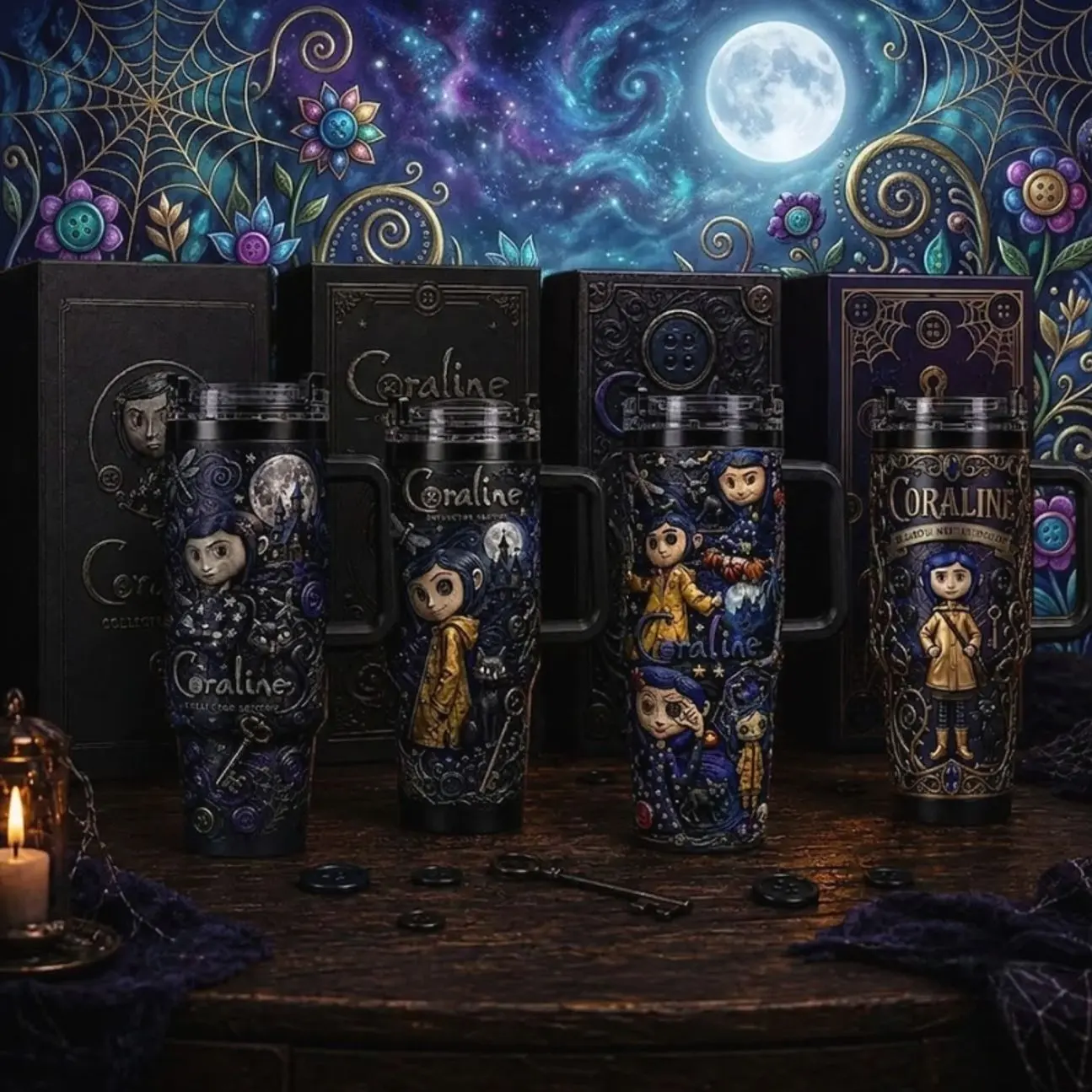 [Collection] Coraline 40oz 30oz 20oz Tumbler, Gothic Button Eyes Fantasy Travel Cup, Other World Inspired Insulated Stainless Steel Mug, Dark Halloween Drinkware, Collector Gift