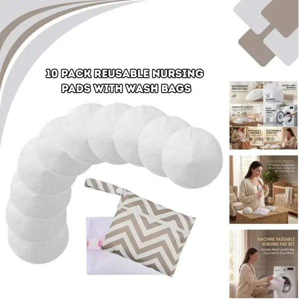 10 Pack Reusable Nursing Pads with Wash Bags, Bamboo Breastfeeding Pads Washable Organic Maternity Nipple Pads 3 Layer Anti Slip Leak Proof Comfort (4.72”)