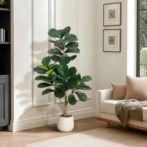 Lifelike Artificial Fiddle Leaf Fig Tree – 5FT Faux Ficus Lyrata with 77 Realistic Leaves – Indoor Decorative Plant for Home, Office, Living Room – Includes 7.8" White Planter Pot, Ceramic, Plastic, Modern Decor,summervibes