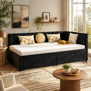 Velvet Fabric Full-Size L-Shaped Back Corner Daybed with Storage Drawers, Indoor Furniture Bed Frame for Living Room, Adult Use