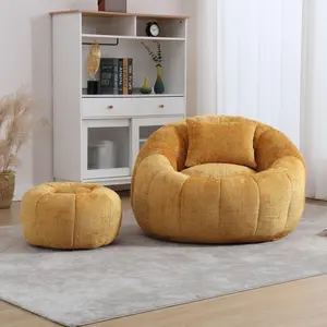 Eyisean 41.34" Chenille Modern Bean Bag Chairs, Lazy Single Sofa with Ottoman & Pillow, Pumpkin-Shaped Reading Floor Round Chair, Comfy Boneless Couch for Living Room, Bedroom, No Assembly Required