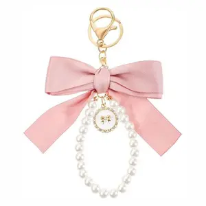 Pink Bow Keychain - Cute Pearl Keychain, Coquette Beige Design, Bowknot Style, Aesthetic Key Chain for Women's Keyring Accessories