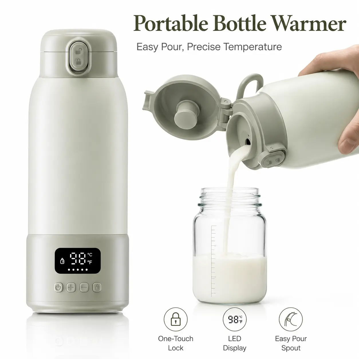 Portable Baby Bottle Warmer with Cleaning Brush Set, 17oz Rechargeable Milk & Water Warmer, USB-C Battery Powered Baby Bottle Warmer with Temperature Display for Travel, Home, Car storage