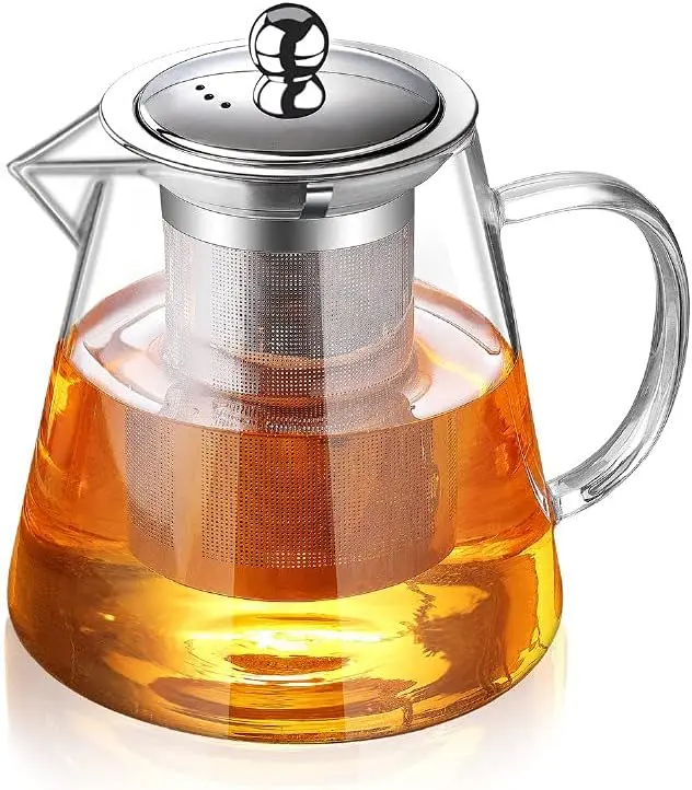 Glass Teapot with Removable Stainless Steel Infuser, Borosilicate Glass Tea Pot with Strainer,for Blooming Tea & Loose Leaf Tea, Microwave & Stovetop Safe