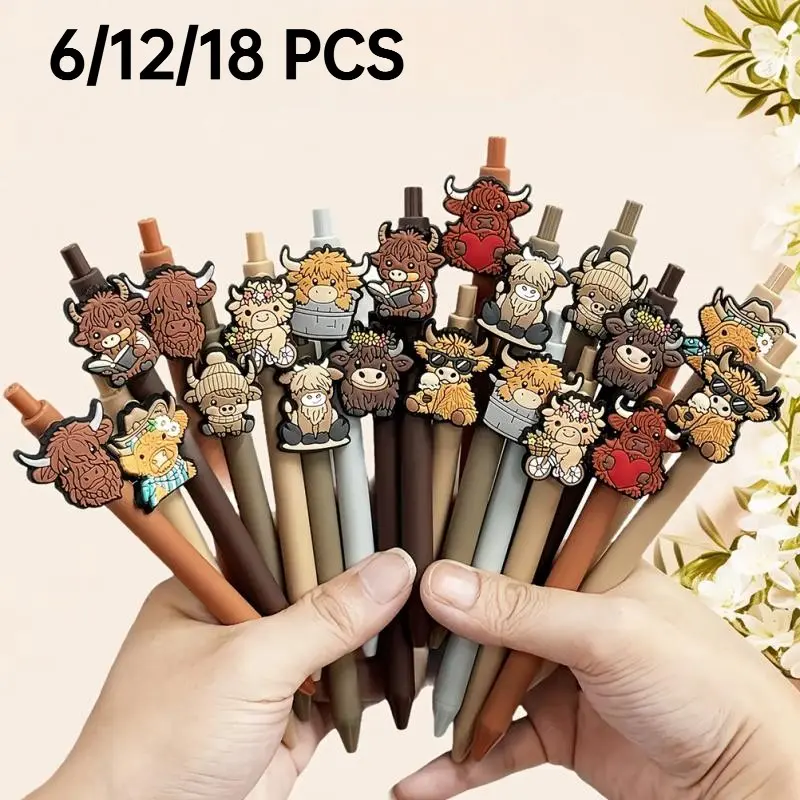 6/12/18 Pack Highland Cow 3D Cartoon Ballpoint Pens, Funny Teacher Pens, Aesthetic Pens, Unique Pens, Animal Design Pens, Animal Decor Office Stationery, Cute Kawaii Desk Supplies, Novelty Workspace Gifts for Coworkers, Friends & Pen Collectors