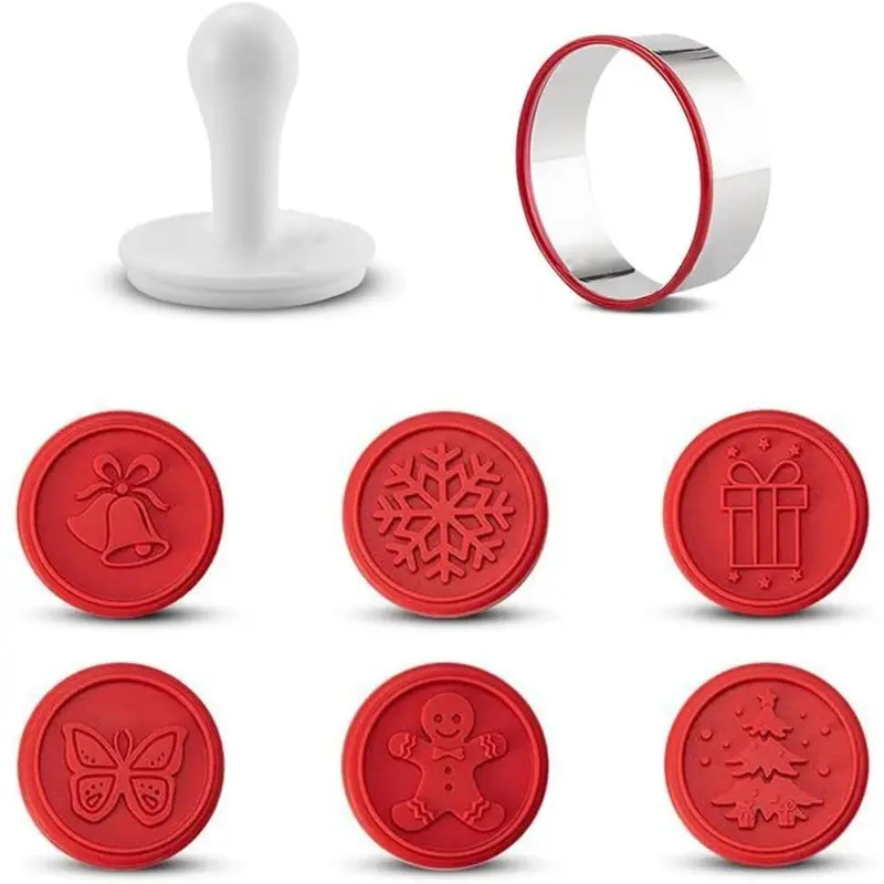 Modern Rarest Cookie Stamps Set - 6 Silicone Stamp Cutter Biscuit for DIY Christmas Kitchen Baking Red