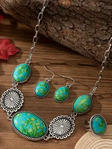European and American Bohemian Style of Women'S Retro Fashion Imitation Kingstone Zinc Alloy Geometric Elegant Vintage Costume Jewelry Chain Set Necklace Earrings Ring