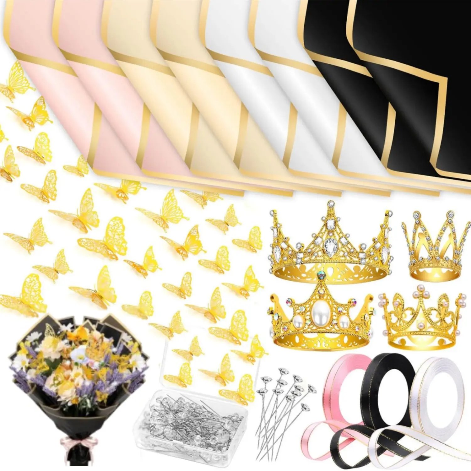 195Pcs Flower Bouquet Accessories, 40 Floral Wrapping Paper, 4 Gold Crowns, 48 Butterfly Decorations, 100 Flower Pins and 3 Ribbons for Bouquets, Florist Supplies - Home Improvement.