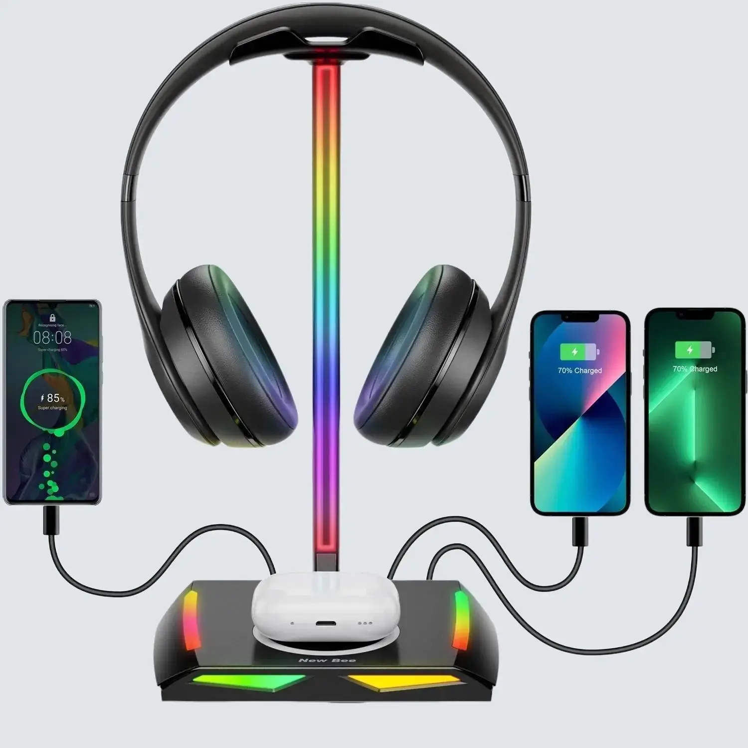 New Bee Headphone Stand with Wireless Charger Desk Headset Holder Hanger Rack for Earphone Black New Bee New Bee Plastic Cable