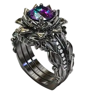 3pcs Rainbow CZ Flower and Leaf Design Ring Set for Women, Unique Engagement/Wedding Rings, Perfect Valentine's Day Gift for Girlfriend