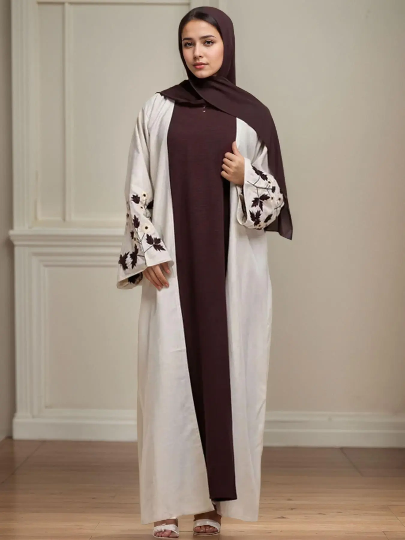 Women's Floral Embroidery Abaya, Floral Embellished Abaya, Elegant Long Sleeve Open Front Muslim Clothing for Spring & Fall, Ladies Islamic Clothing for Daily Wear, Islamic Abaya Dress